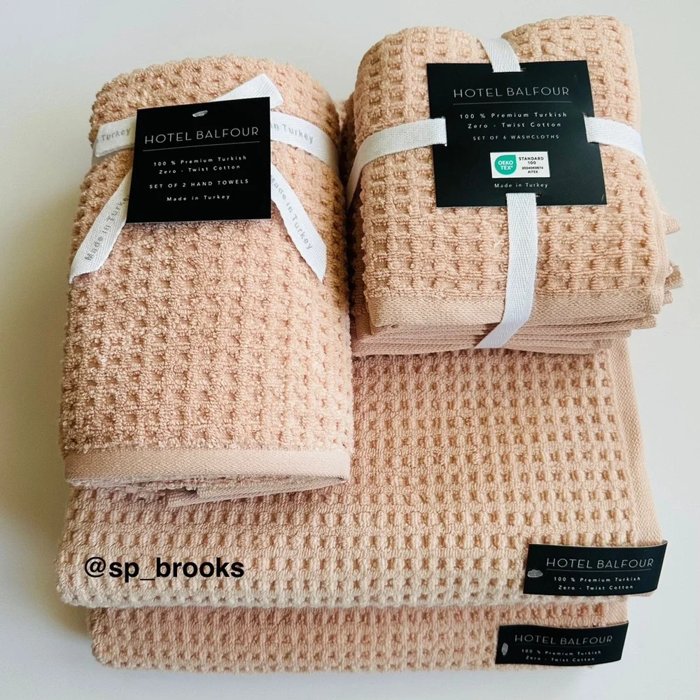🎁10PC Hotel Balfour Bath Towel Set - Zero Twist Cotton -Waffle- Pale Petal Pink